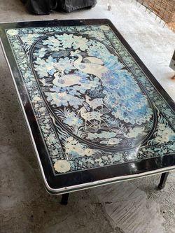 Vintage Asian Lacquer Coffee Table with Mother-of-Pearl Peacock & Floral Inlay
