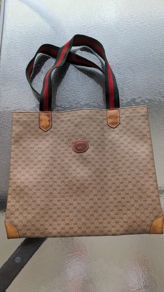 Gucci vintage GG PVC tan tote bag with red & green web handles