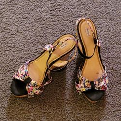 Iserboye 4.5 inch cork wedge heels, floral, open-toe shoes - women's size 7.5