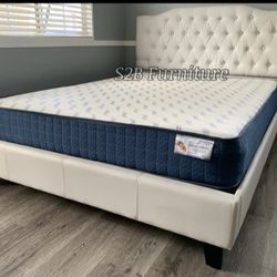 Queen White Crystal Button Bed With Ortho Mattress Included 