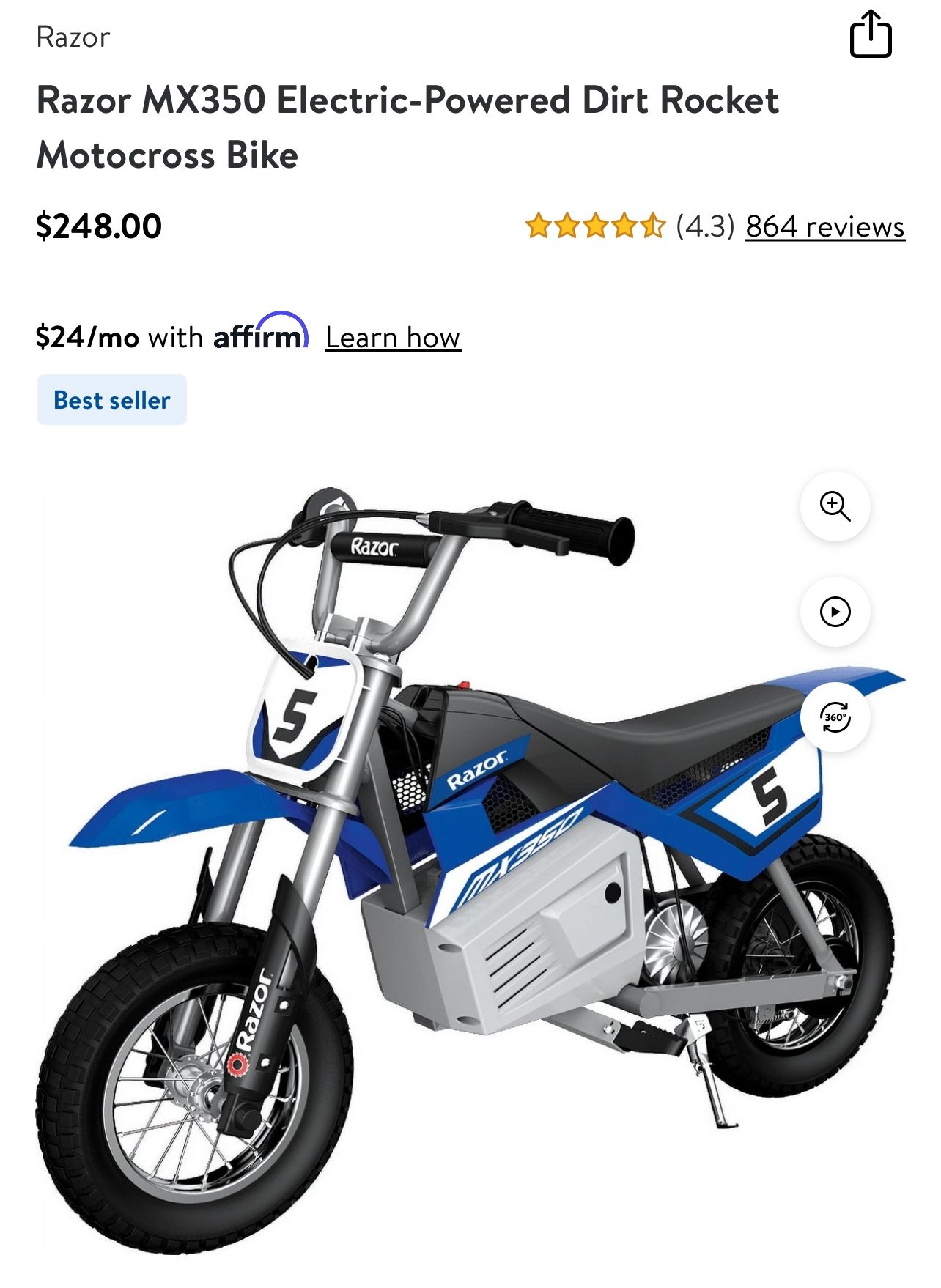 Razor MX350 Electric-Powered Dirt Rocket Motocross Bike