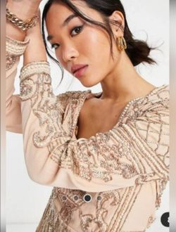 ASOS Beige Beaded Long Sleeve Dress