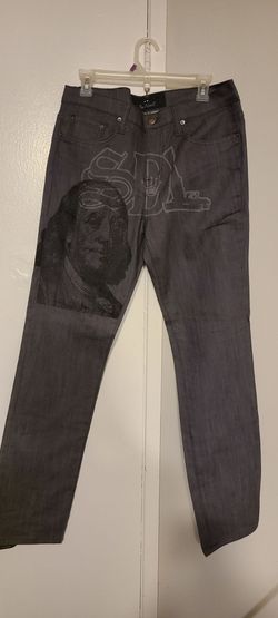 Gray Denim Jeans with Benjamin Franklin Graphic