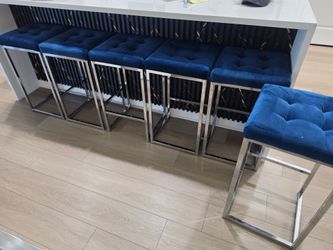 Blue Velvet Tufted Bar Stools – Set of 6