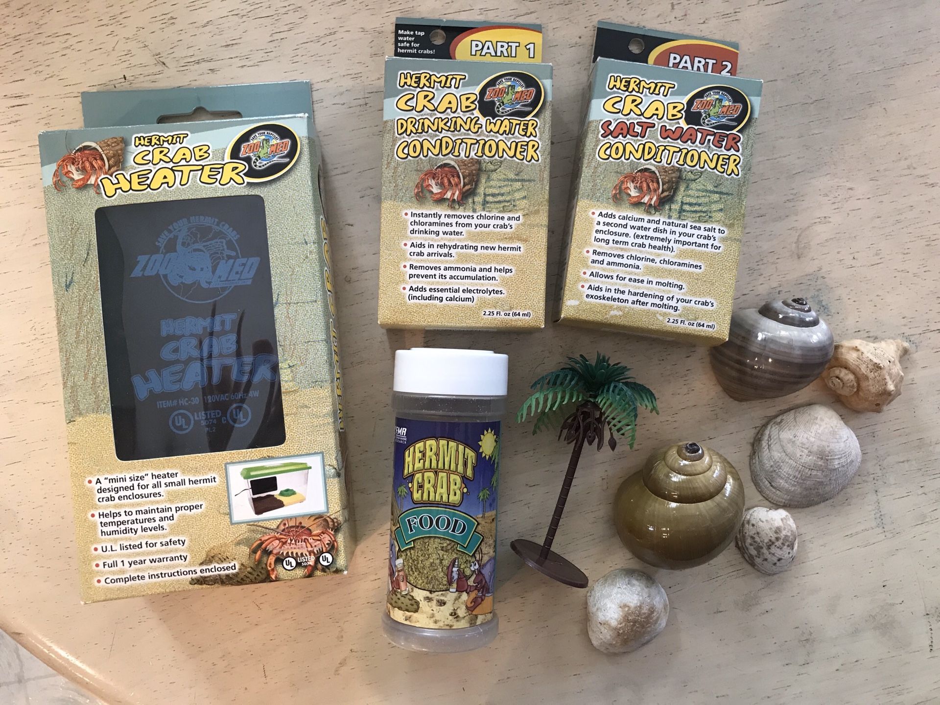 Hermit crab supplies heating pad drinking water salt water and shells