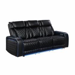 Black Leather Power Recliner Sofa with LED Lights