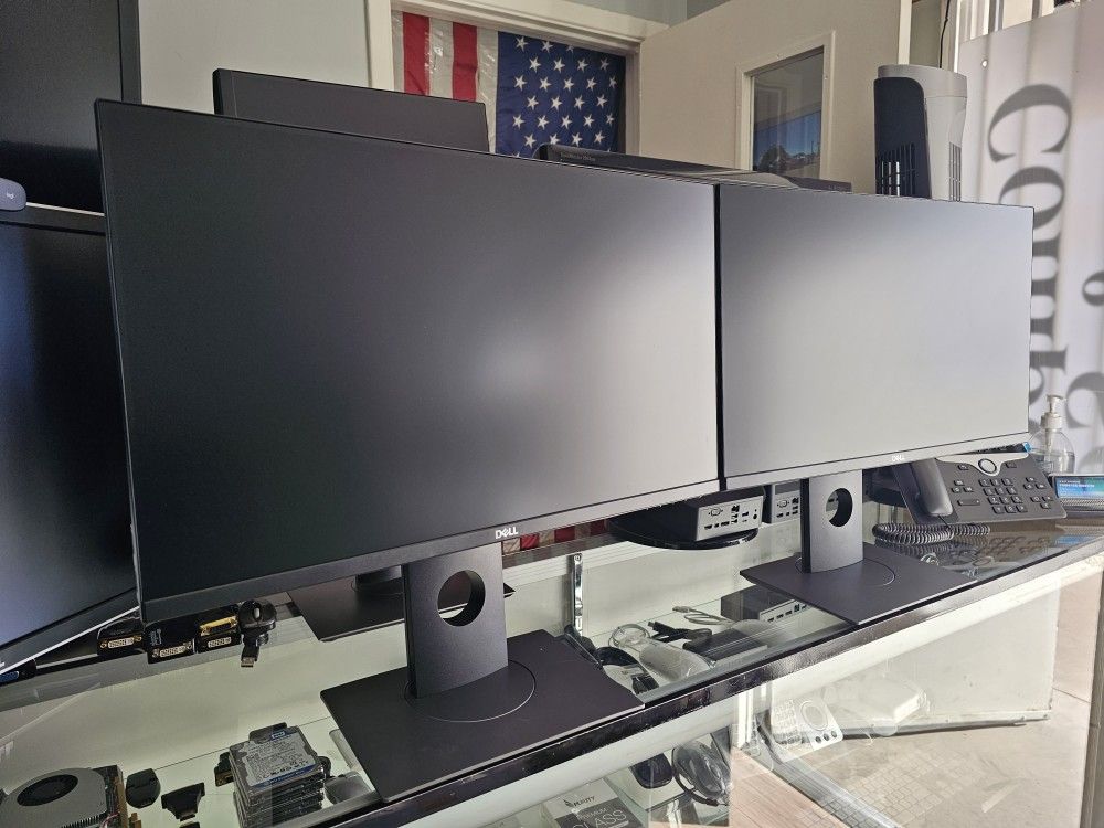 Dual 24-inch LED 1080P Widescreen Flat Dell Monitors On Single Stand. HDMI, VGA, USB, DisplayPort