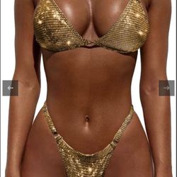 NEW YAUASOPA Shiny Gold Bikini Micro Sexy String Two Piece Thong Swimsuit Sz Med