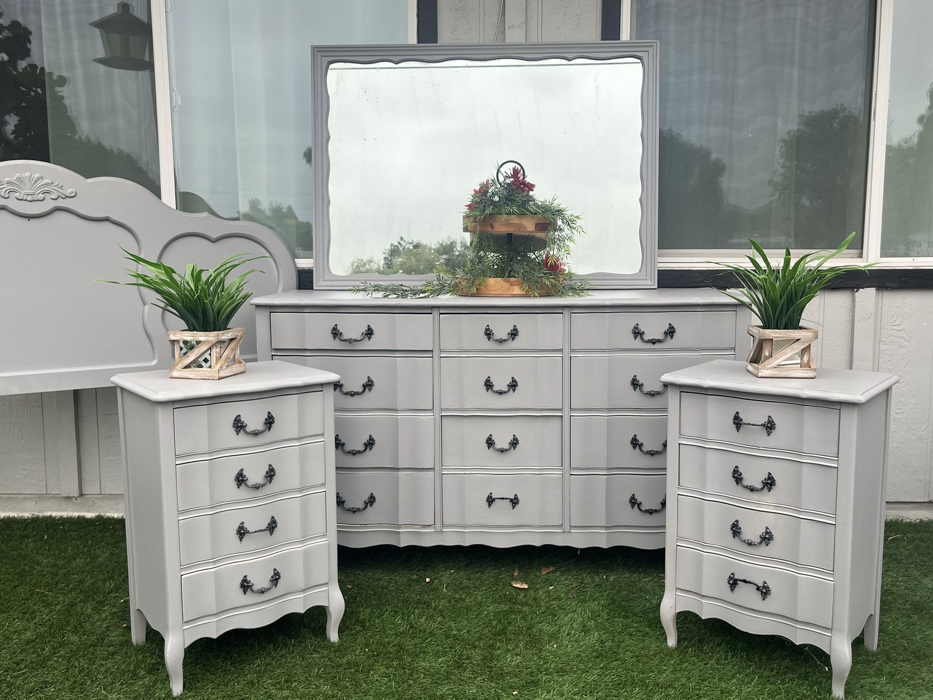 Grey Headboard, Dresser Mirror To End Tables