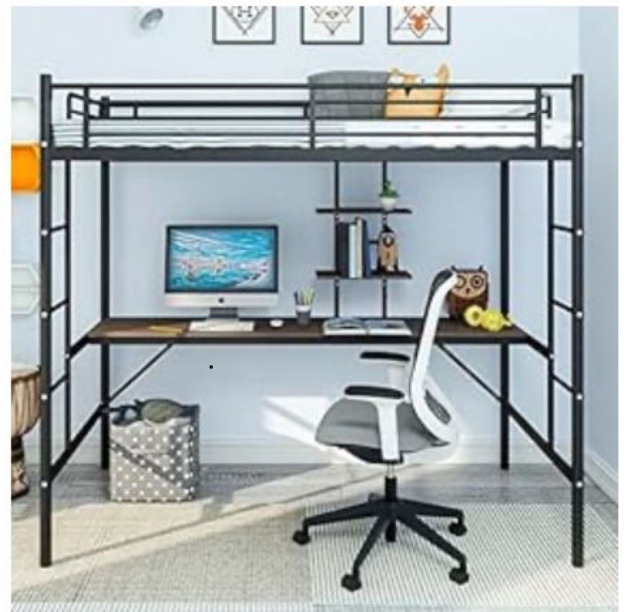 Black Metal Loft Twin Bed With Full Desk And Shelves
