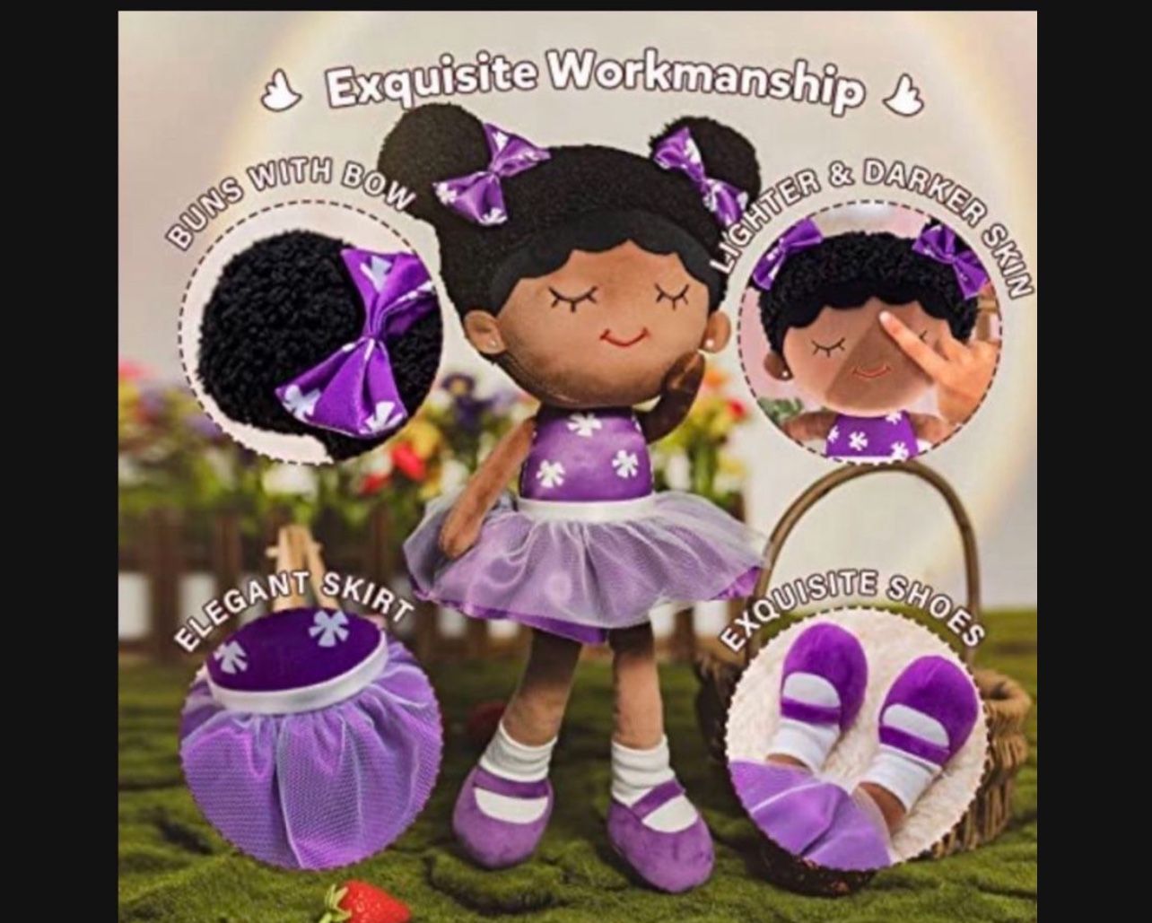 15" Soft Baby Doll Plush Toy - African American Doll Ballerina Doll Dressed in Purple for Girls