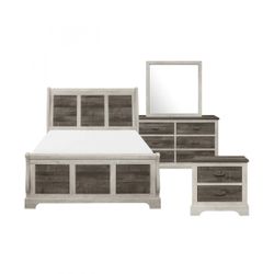 Bedroom Set Farmhouse Style White Gray Queen Set NEW 4 PIECES