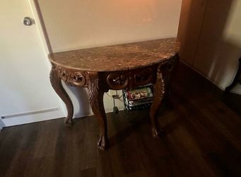 Marble Top Console Table with Carved Wood Base