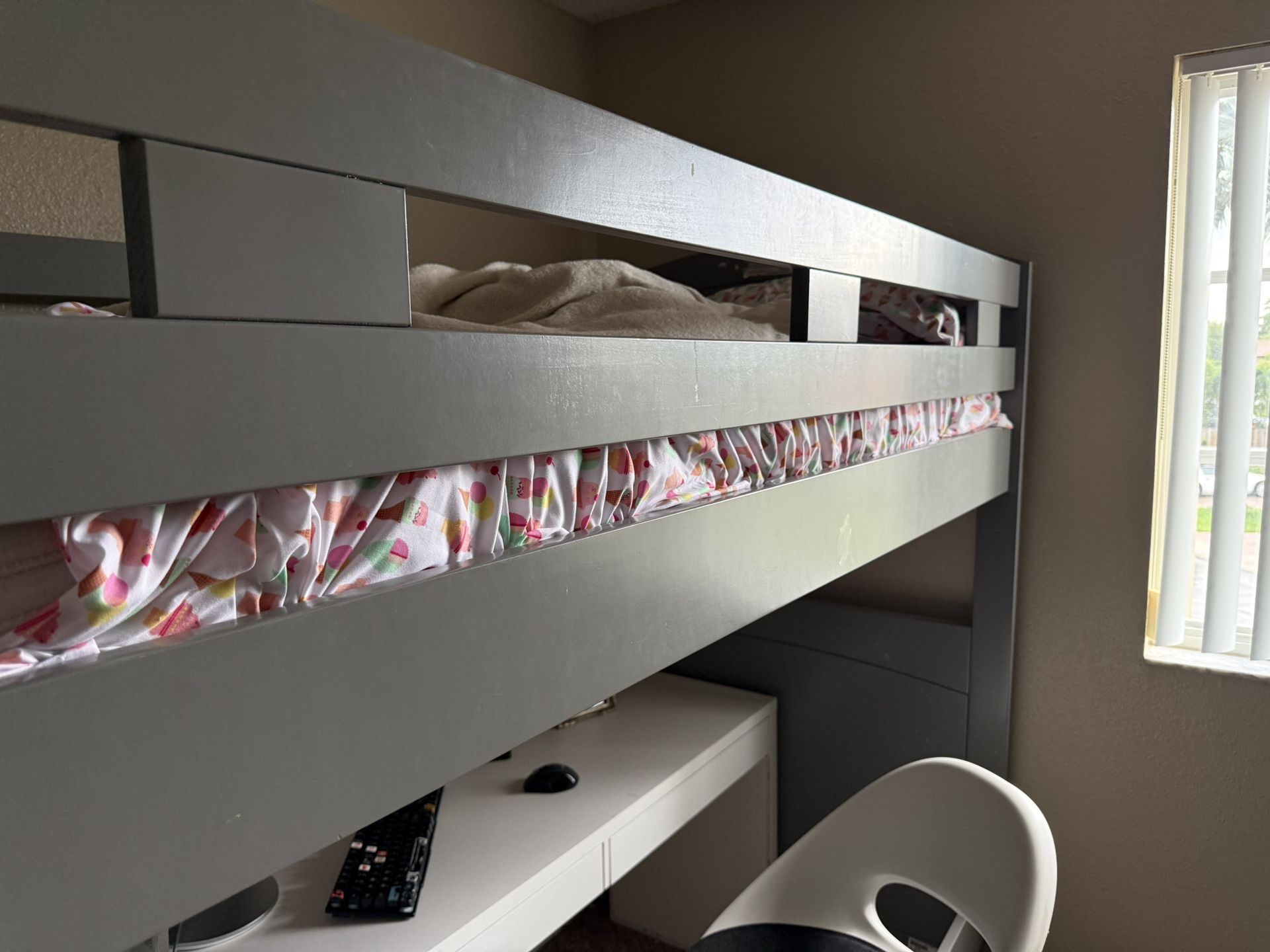 Gray loft bed with built-in stairs and drawers ++ Kid House