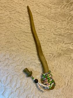 Wooden Handcrafted Beaded Chopstick Hair Pin With Jasper Mushroom Charm, 7”