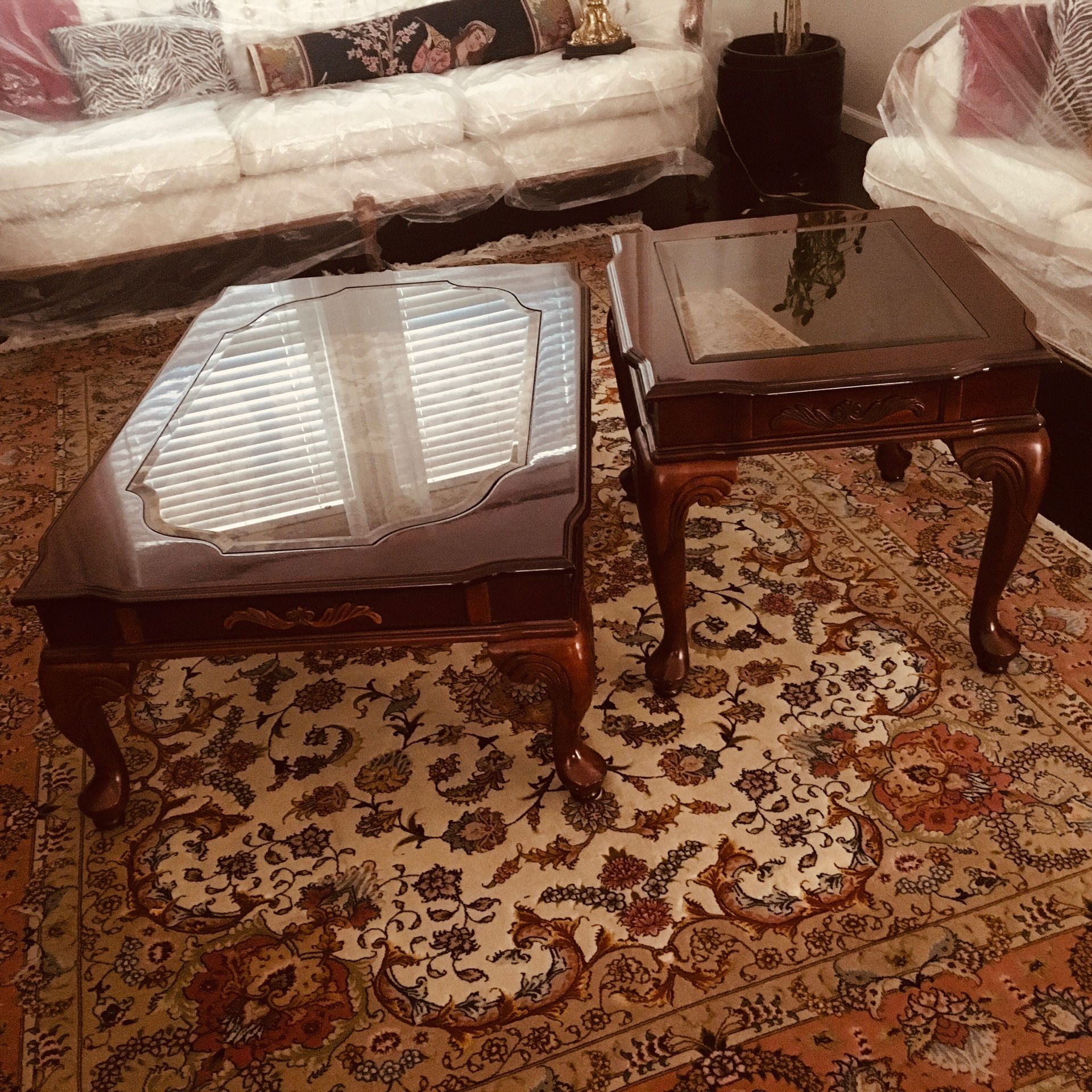Gorgeous wood coffee table and side table matching set with glass inlay!