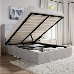 Queen bed Lift Up Storage Bed/Modern Wingback Headboard/Upholstered Platform Bed Frame/Hydraulic Storage/No Box Spring Needed/Wood Slats Support/Light