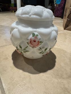 Vintage Quilted Milk Glass Lidded Jar, Hand Painted Pink Roses