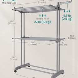 SONGMICS 58.3" Tall Clothes Drying Rack 3-Tier Foldable Laundry Rack w/ Wheels - Gray