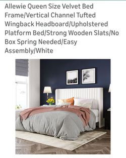 Queen Size Bed Velvet Bed Frame Vertical Channel Tufted Wingback Headboard 
