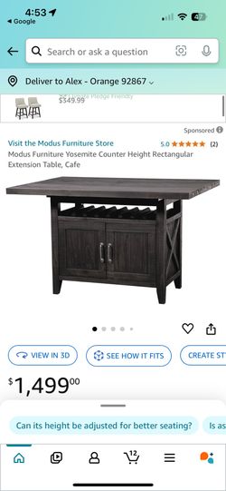 Modus Furniture Yosemite Counter Height Rectangular Extension Table, Cafe