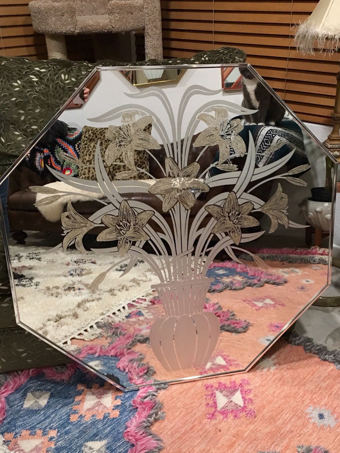 Vintage Decorative Wall Mirror Windsor Art Etched Mirror Tiger Lily Flower - Pick Up OC or LA