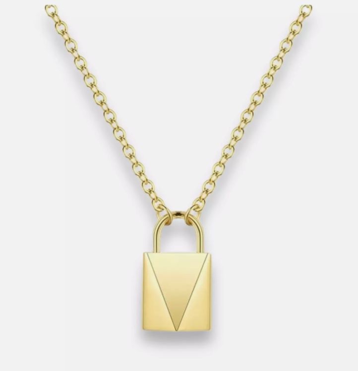 Stainless Steel Gold Plated Lock Pendant Necklace With Rolo Chain For Women