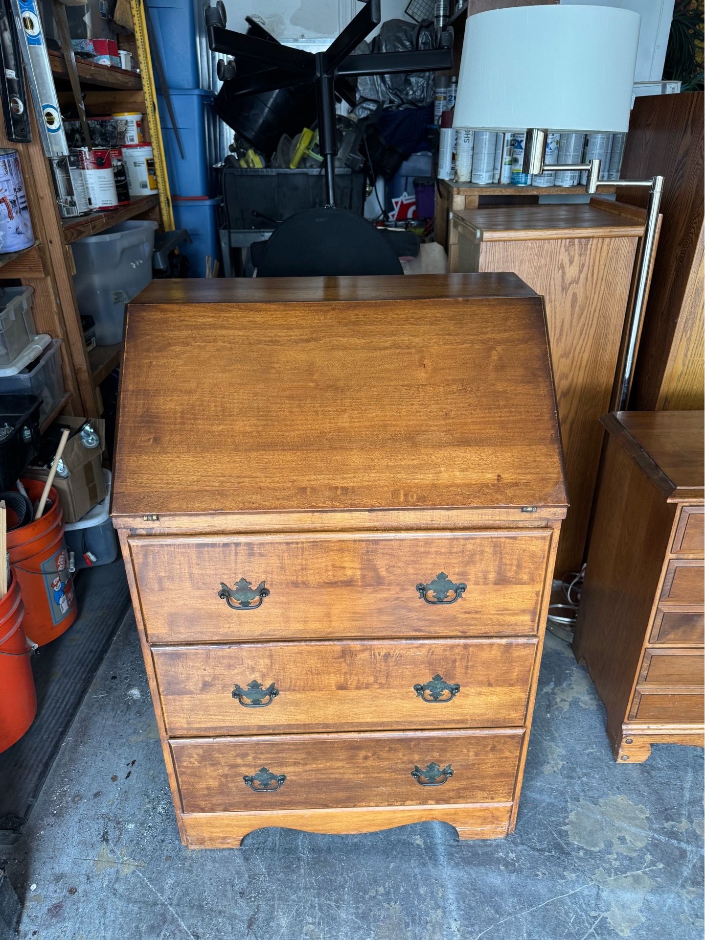 Antique mid century Maple Colonial Early American 3-drawer Dresser drop secretary desk.