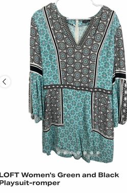 Loft teal, black and white geometric V-neck long sleeve dress