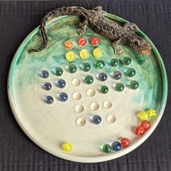 Handmade Ceramic Alligator Solitaire Board Game w/ Marbles Signeds