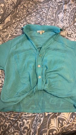 Teal Button-Down Tie-Front Top and Mustard short sleeve top