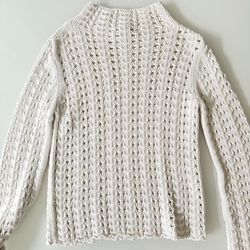 Women Small - Vintage Great Northwest Clothing Company Scalloped Knit Crochet Sweater Turtleneck White Cream 