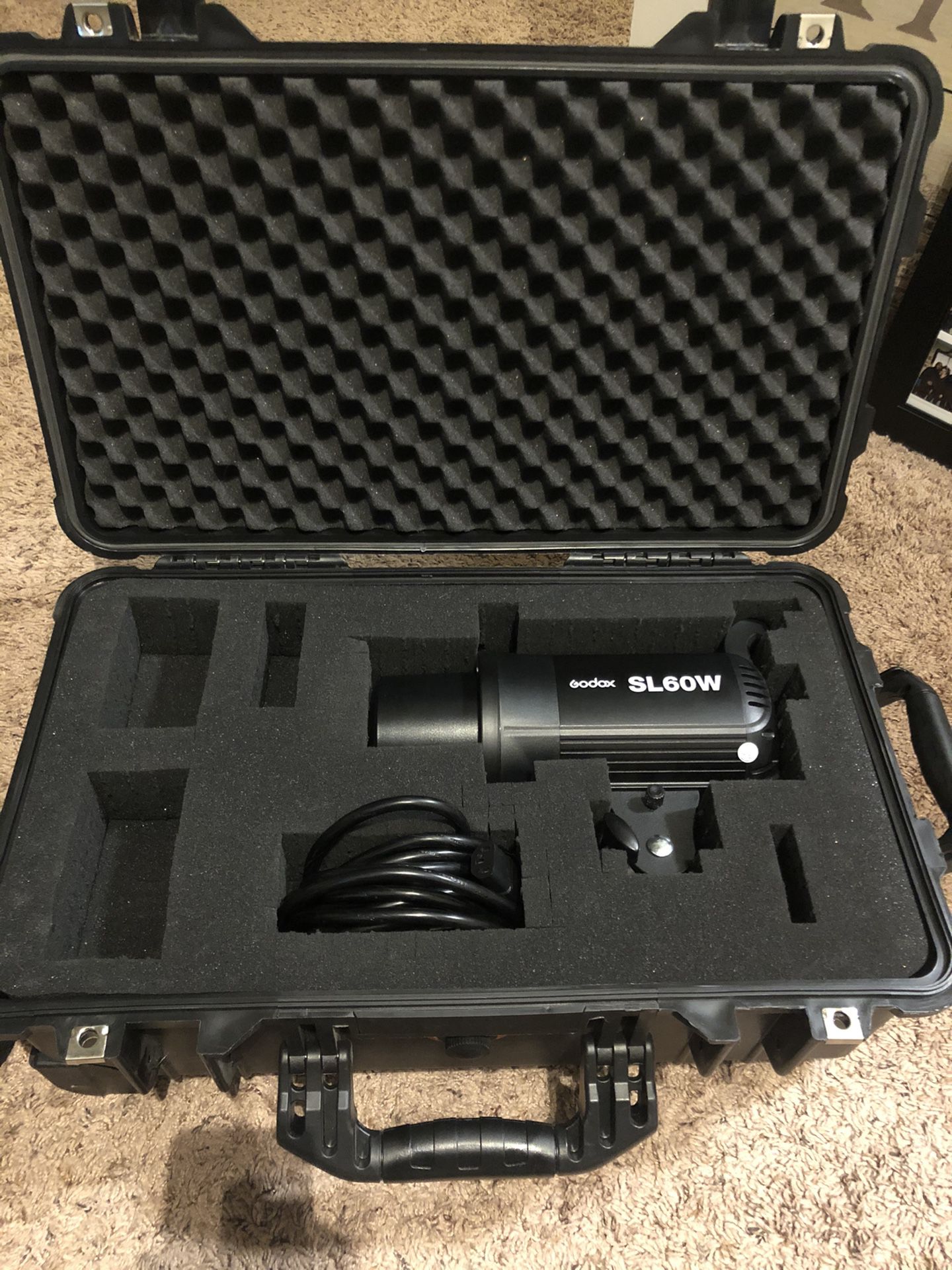 Godox Sl60w video light with softbox and rolling case.
