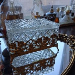 Vintage Ormolu Glass Casket Box w/ Diamond Pattern &  Brass Filigree Stand