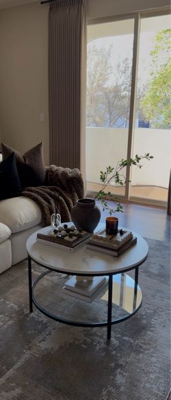 Modern Round Faux Marble Coffee Table with Glass Shelf