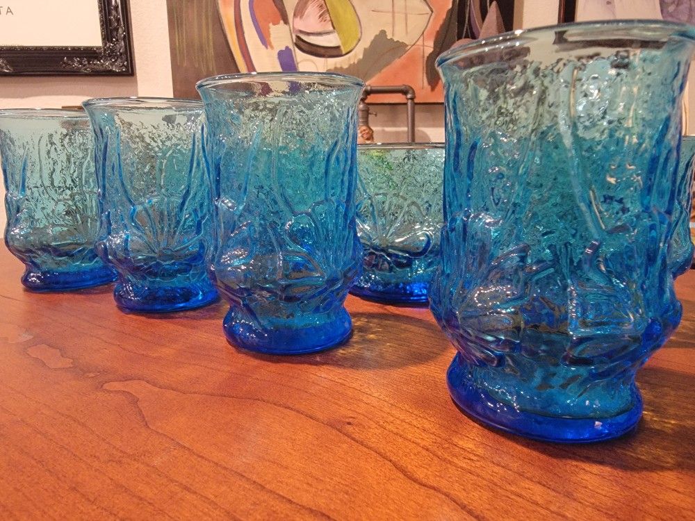 Lazer Blue Anchor Hocking Rain Flower Pattern