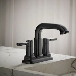 Kohler Ealing Matte Black 2-Handle 4-Inch Centerset WaterSense Mid-Arc Bathroom Sink Faucet with Drain