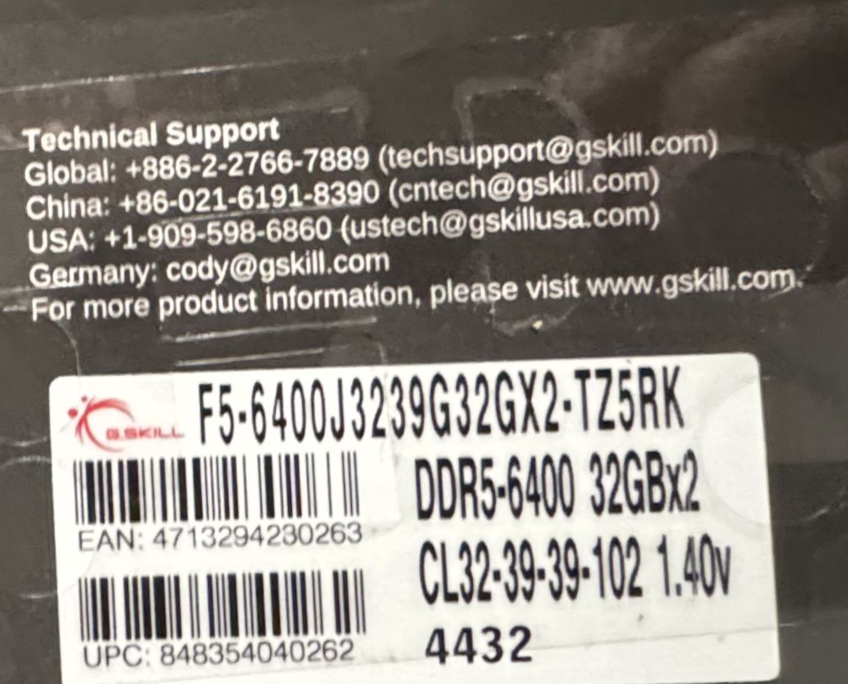 F5-6400J3239G32GX2-TZ5RK-DDR5-6400 32gb X 2 CL 32-39-39-102 1.40v