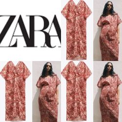 ZARA NWT Zara 100% Ramie oversized Bohemian printed tunic midi KAFTAN dress S