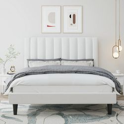 Full Size Platform Bed Frame with Upholstered Velvet Channel Headboard, White