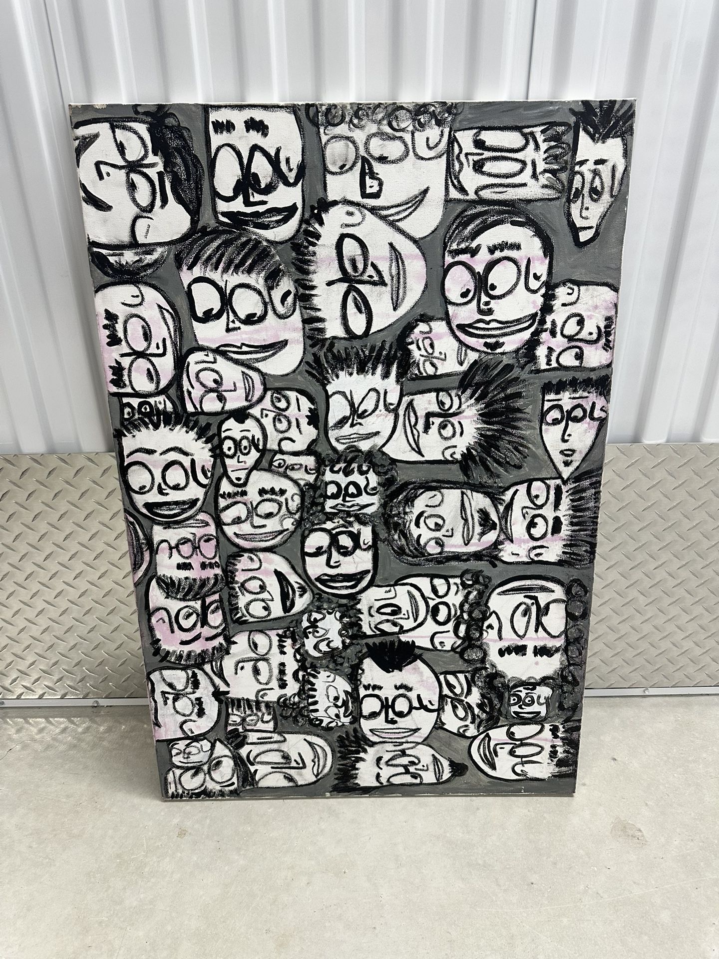 Faces Crowd – Original Abstract Portrait Painting, 24x36”, Black, White & Pink, 2016