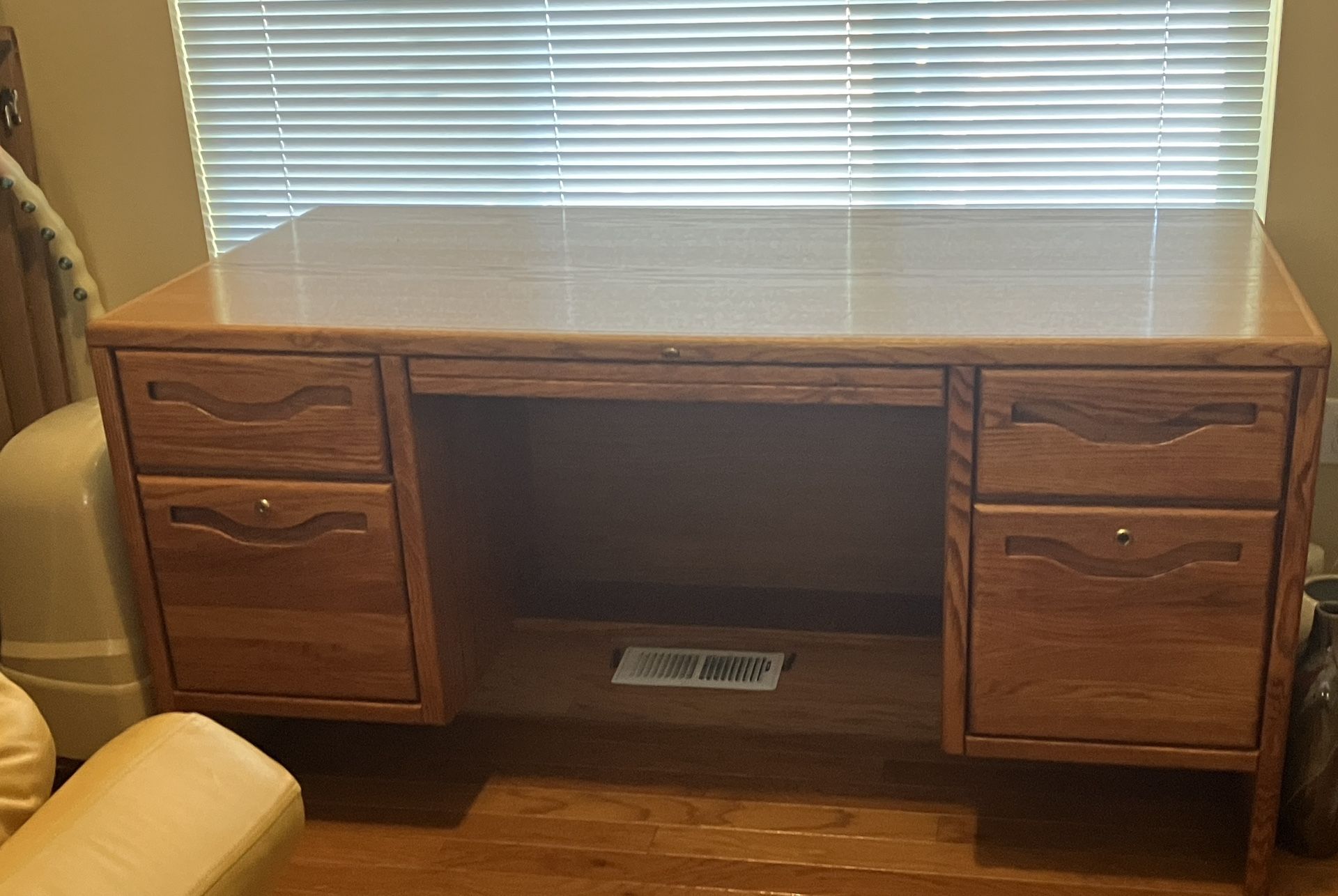 Solid Oak Desk + Matching Horizontal Filing Cabinet 