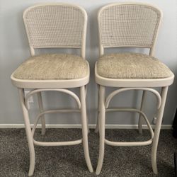 Pair of  VINTAGE cane back wooden BAR STOOLS 30” seat height, used