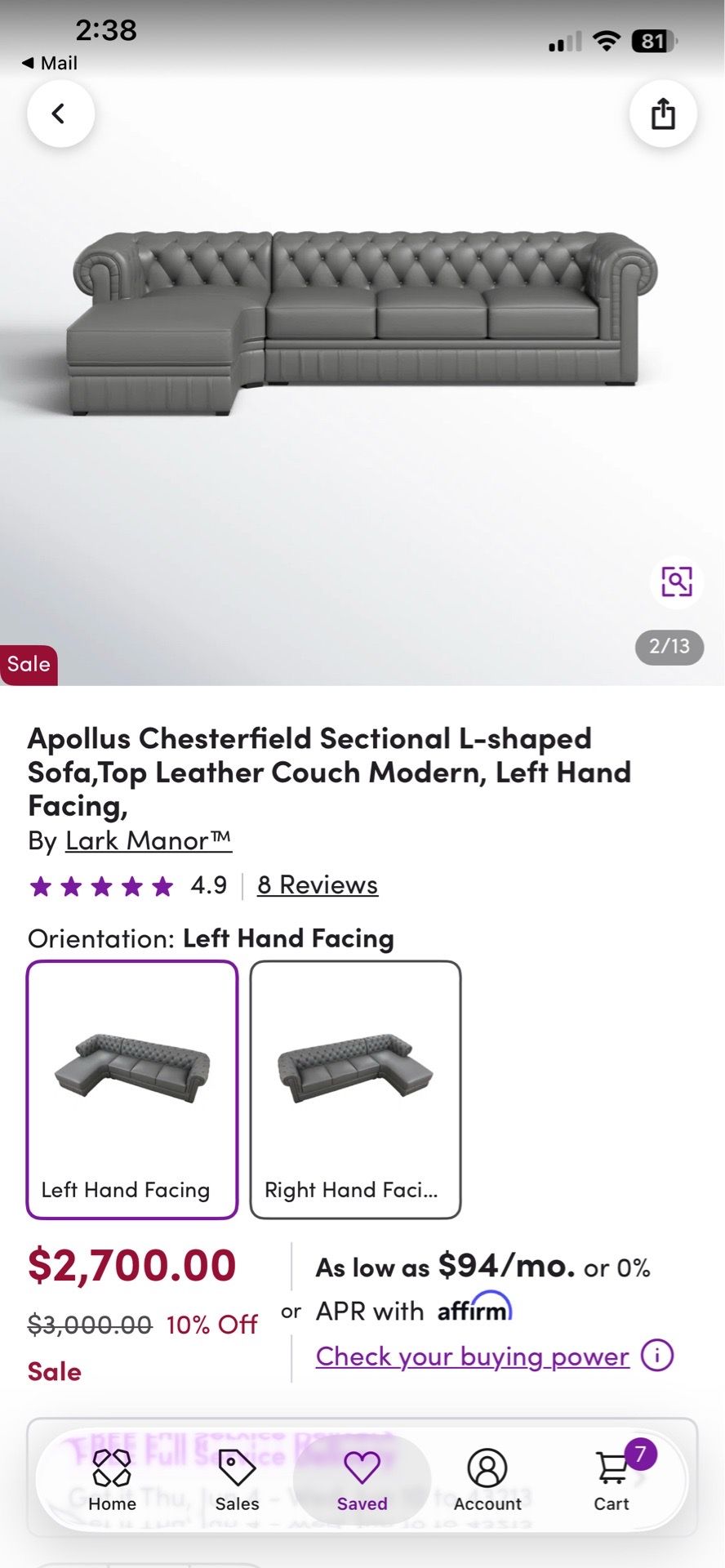 *NEW* genuine leather sectional. Slight defect between the chase and sofa part. From WAYFAIR.