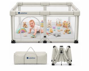 Foldable Baby Playpen, 59"x71", Beige