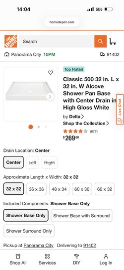 Delta Classic 500 32 in. L x 32 in. W Alcove Shower Pan Base with Center Drain in High Gloss White