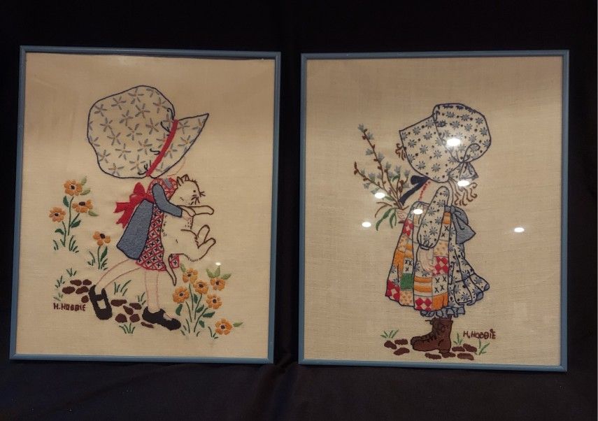 Vintage Holly Hobbie framed embroidery