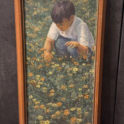 LOIS SIMMONS (1(contact info removed)) Boy In Flower Field Oil Painting by listed Cal. Artist