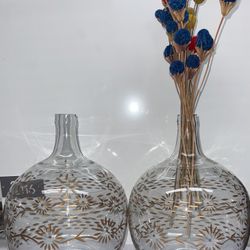 Large 12 inch clear etched with gold flowers, round vases, set of two