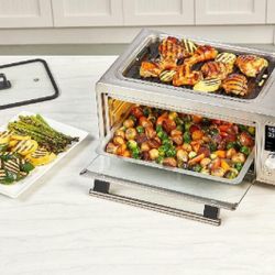 Emeril Power Grill 360, 6-in-1 Countertop Convection Toaster Oven with Top Indoor Grill, Air Fry, Roast, Toast, Bake, Dehydrate, Glass Lid, Stainless